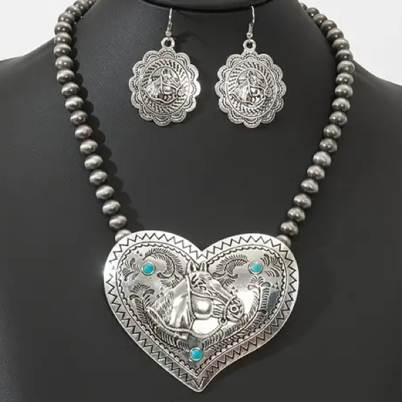Jewelry - 3pcs/set Rodeo Western Heart Shape Horse Head Pattern Pendant Earrings Necklace